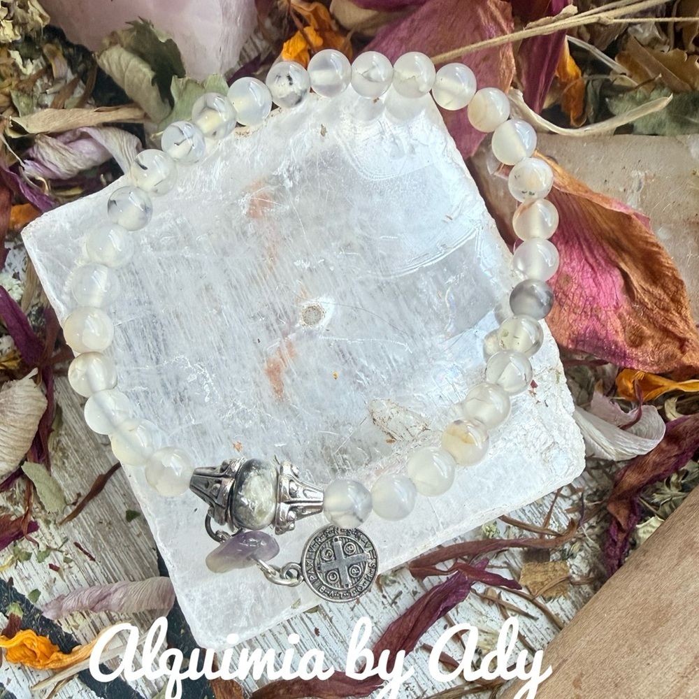 White rutilated Quartz Saint Benedict and Gold Charm Bracelet